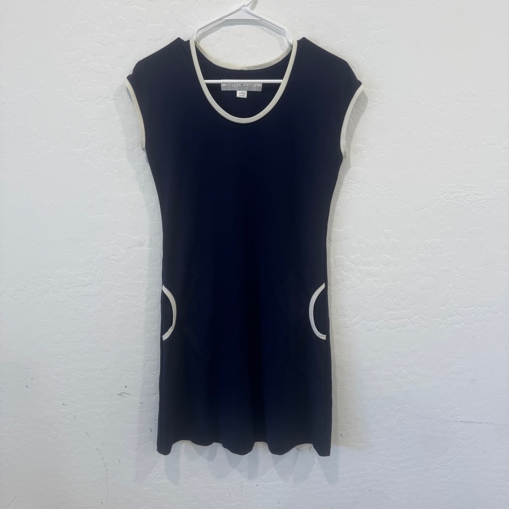 Lesley Evers Dress Womens XS Navy Blue Cream Trim Coastal Old Money Preppy